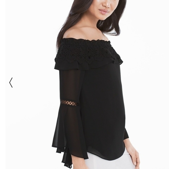 White House Black Market Off The Shoulder Crochet Trim Bell Sleeve Black Blouse - Picture 3 of 9